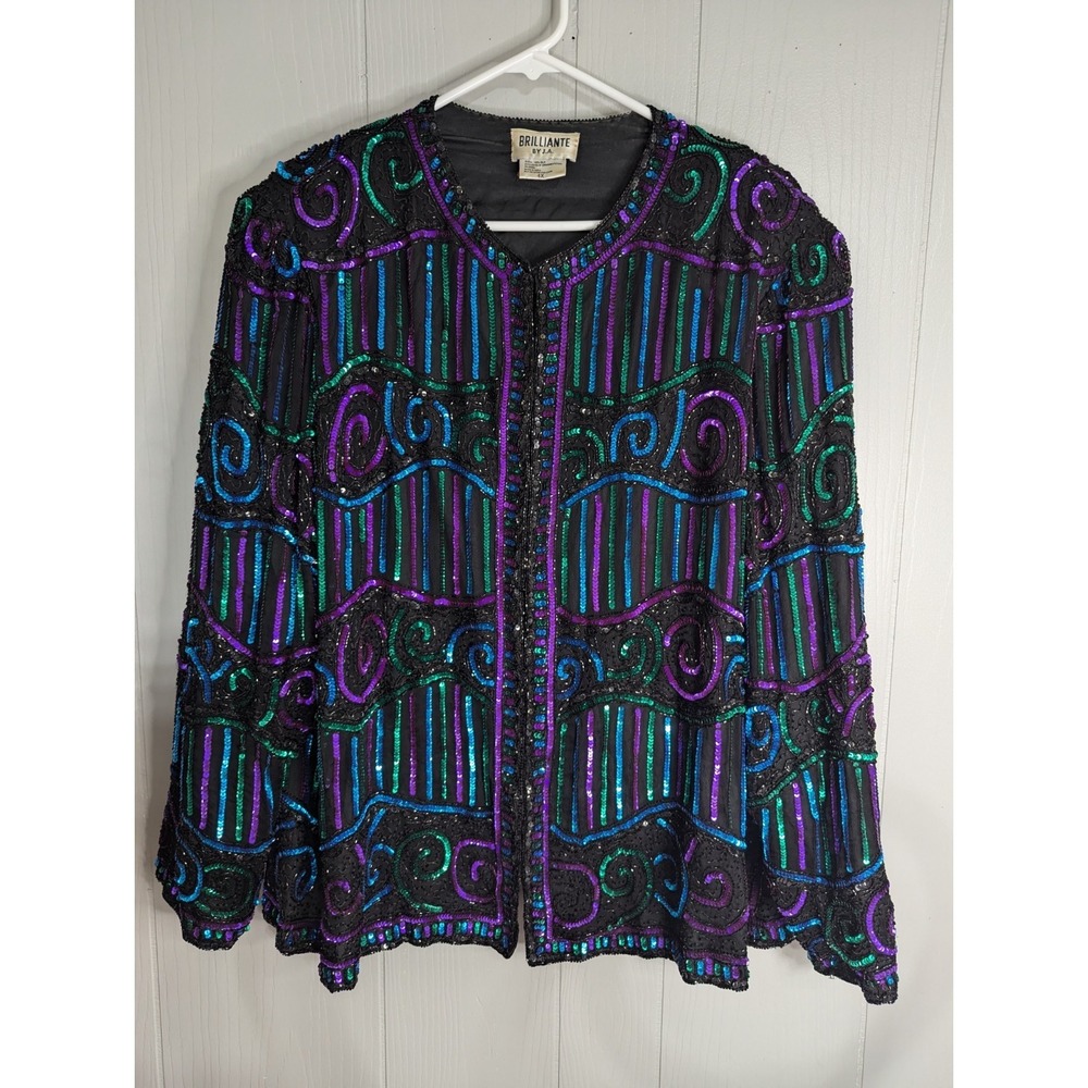 Vintage Womens 4X BRILLIANTE by J.A. silk sequin & beaded evening wear jacket